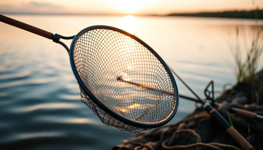 Catch and release with a Fly fishing net displayed by the tranquil lakeside at sunrise.