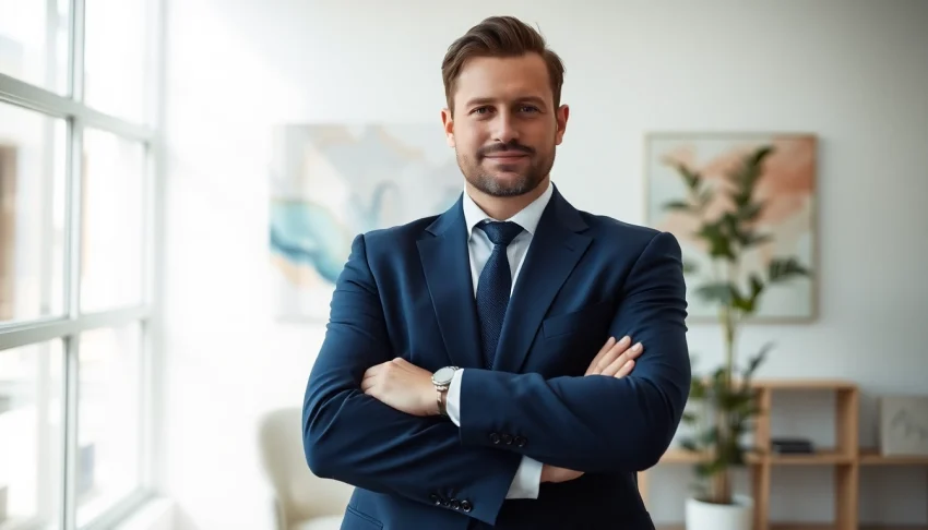 Empathetic Divorce Lawyer showcasing professionalism in a modern office setup.