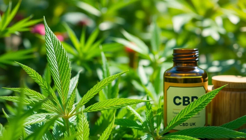 Experience the soothing essence of CBD UK with fresh hemp leaves in a serene garden.