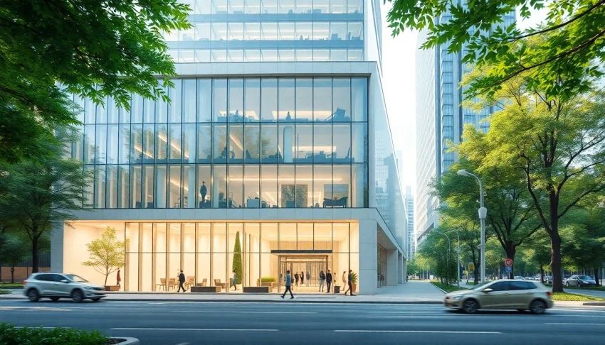 Die visualisierung architektur zeigt ein modernes Gebäude mit einladendem Design in urbaner Umgebung.