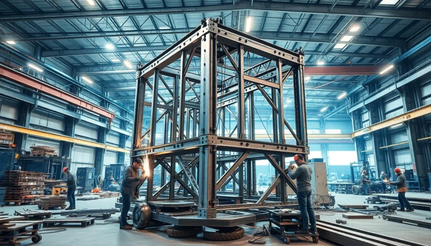 Workers assembling metal structures in a steel fabrication shop