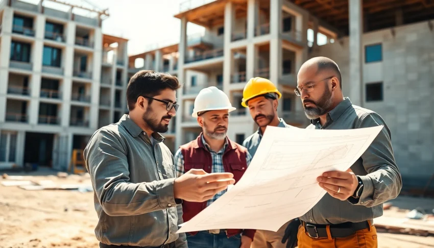 Capture of professionals working on das 142 building specifications at a construction site.