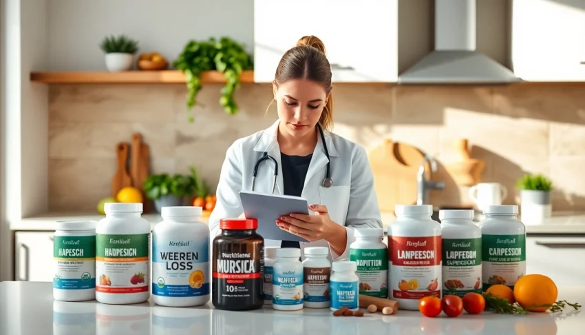Guide on what to look for in a weight loss supplement with a nutritionist analyzing products.