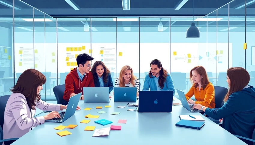 Team collaboration on a project by wordpress agencies in a modern office with vibrant atmosphere.