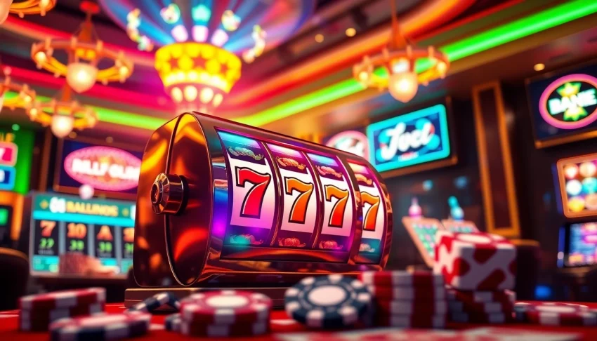 Bermain qqmacan slot online dengan suasana kasino yang cerah dan penuh warna.