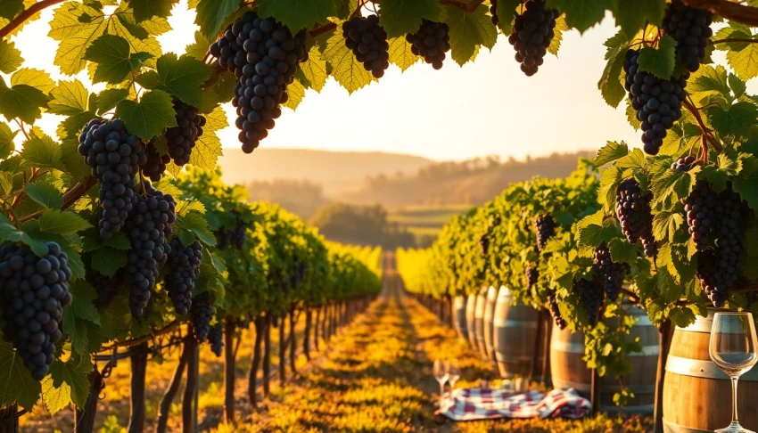 Experience the beauty of clarksburg wineries with vibrant vineyards and wine barrels in a serene landscape.