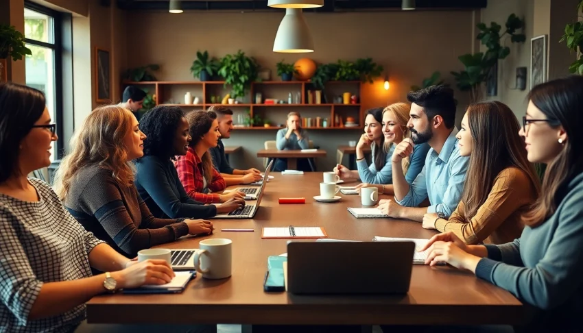 Engaged hosts sharing insights at an airbnb host forum in a vibrant café setting.