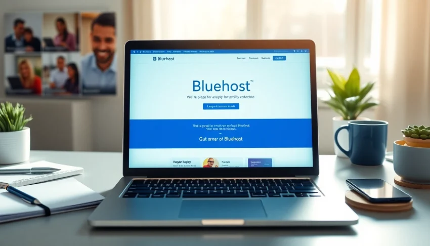 Showcasing Bluehost web hosting services with sleek laptop and creative workspace.