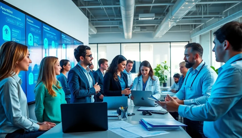 Visualize the eprescription app development process with a diverse team collaborating in a modern office environment.