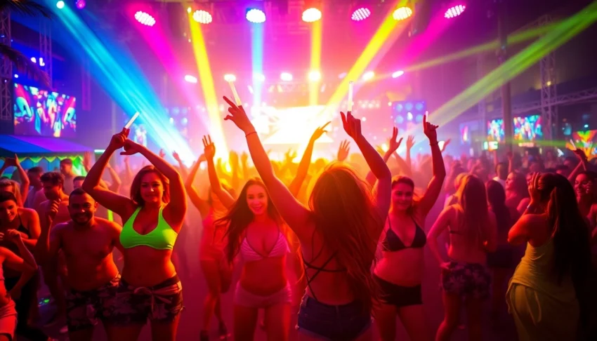 Experience the vibrant energy of a miami rave with dancers and neon lights