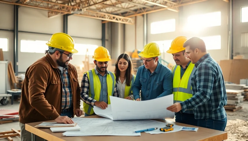 Teamwork of the Texas association of builders on a construction site collaborating on project plans.