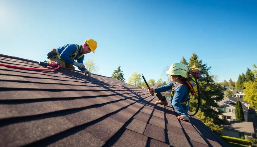 Assessing Roofing Replacement Portland Oregon with a professional roofer on a residential home.