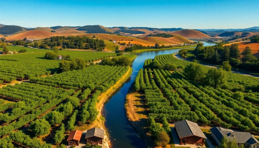 Carksburg CA aerial view with vineyards and the Sacramento River flowing nearby.